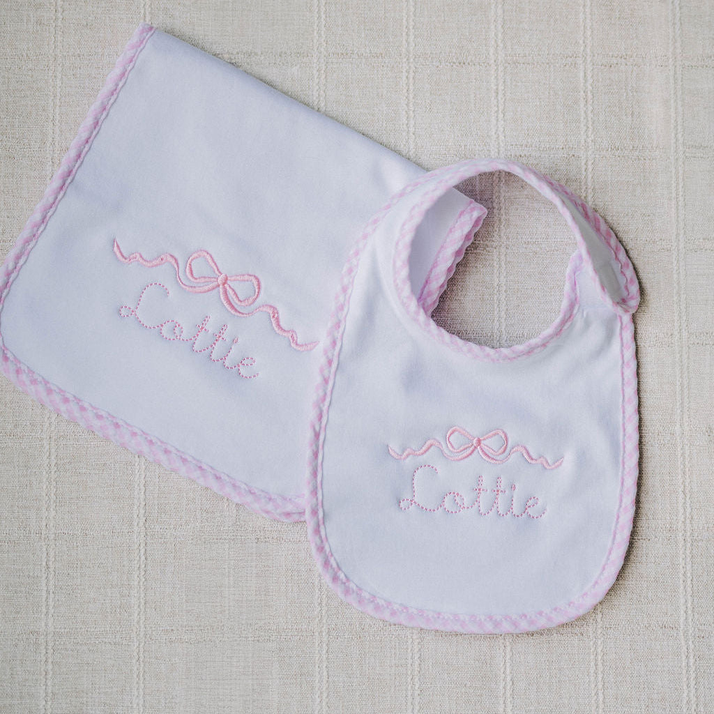 Pink Gingham Bib and Burp Cloth Set
