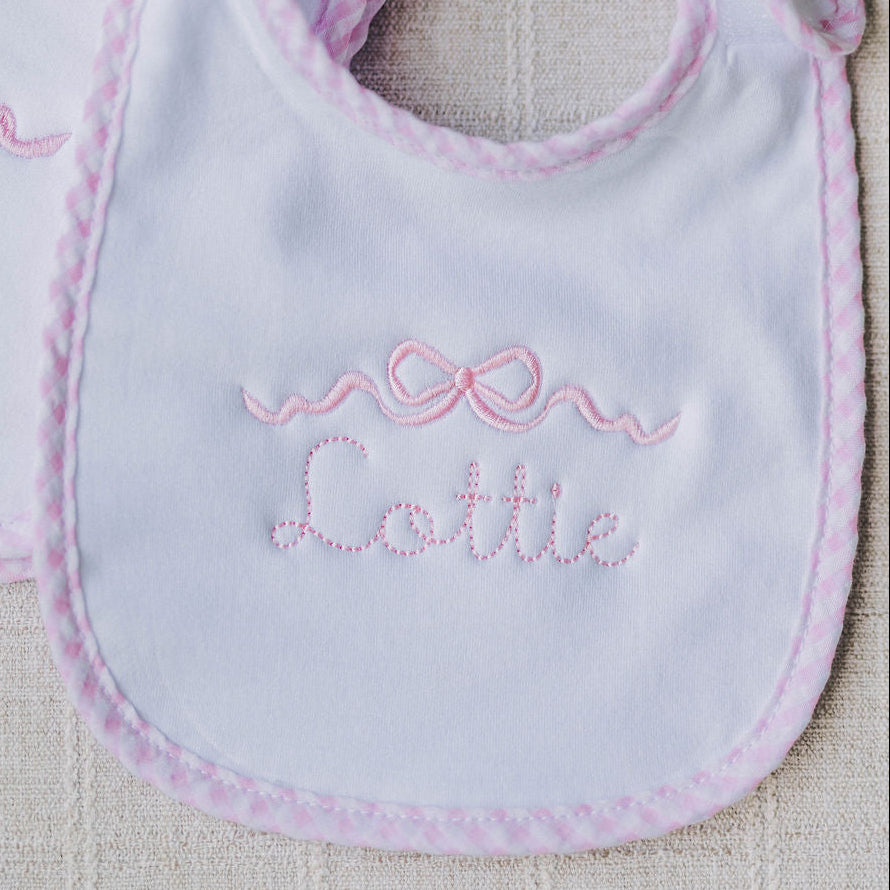 Pink Gingham Bib and Burp Cloth Set