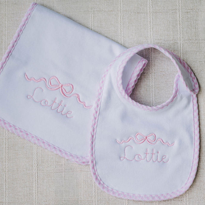 Pink Gingham Bib and Burp Cloth Set