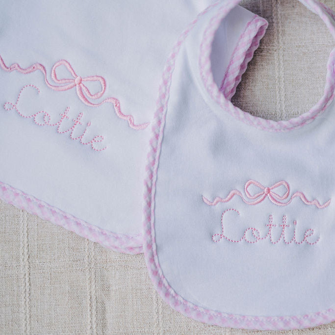 Pink Gingham Bib and Burp Cloth Set