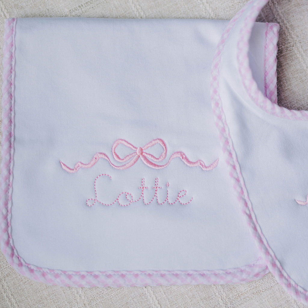 Pink Gingham Bib and Burp Cloth Set