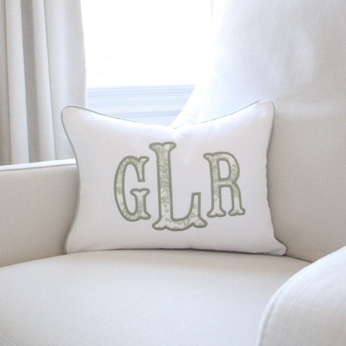 Green Toile Appliqué Pillow Cover
