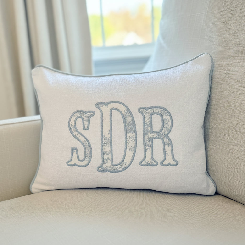 Blue Toile Appliqué Pillow Cover